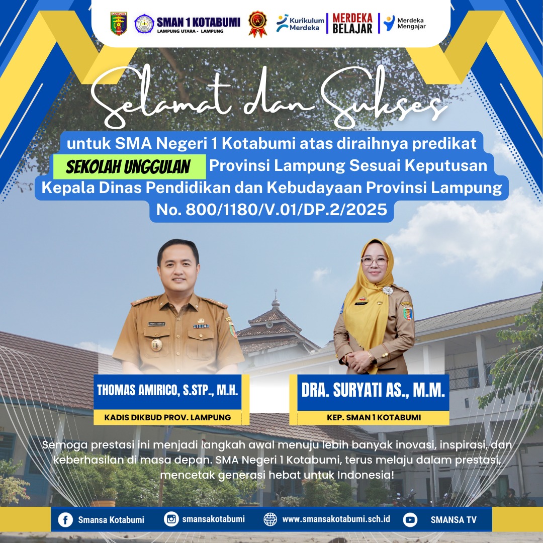 RESMI! SMAN 1 Kotabumi Dinobatkan Jadi Sekolah Unggulan Lampung 2025, Bukti Nyata Kualitas Tanpa Henti! 1 RESMI! SMAN 1 Kotabumi Dinobatkan Jadi Sekolah Unggulan Lampung 2025, Bukti Nyata Kualitas Tanpa Henti!