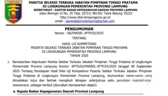 Perebutan Kursi Kepala BKD dan Bappeda Lampung Memanas: Tujuh Nama Lolos, Siap Adu Gagasan di Tahap Akhir