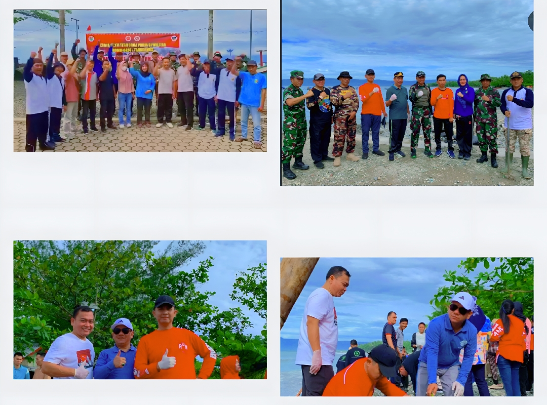 Wujud Kemanunggalan, TNI dan Disbunnak Tanggamus Gotong Royong Bersihkan Pantai Muara Indah